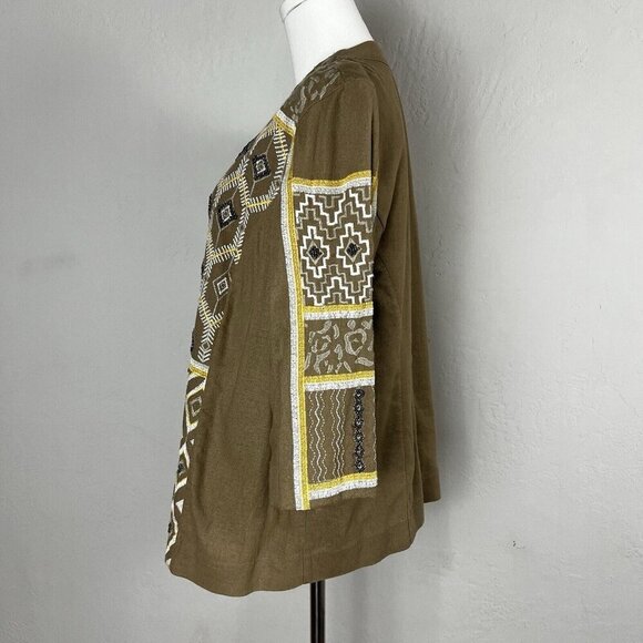 Chico's Linen Blend Jacket Beaded Embroidered Lined Boho 3/4 Sleeve Tan‎ Size 2 - Picture 5 of 12